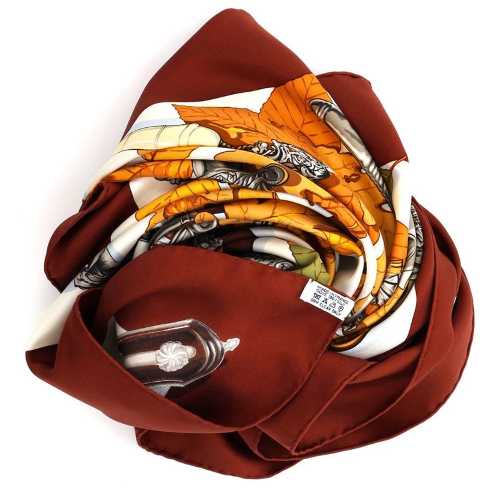 Hermes Au Plus Dru Scarf Printed Silk 90 Brown, Print - Picture 5 of 5